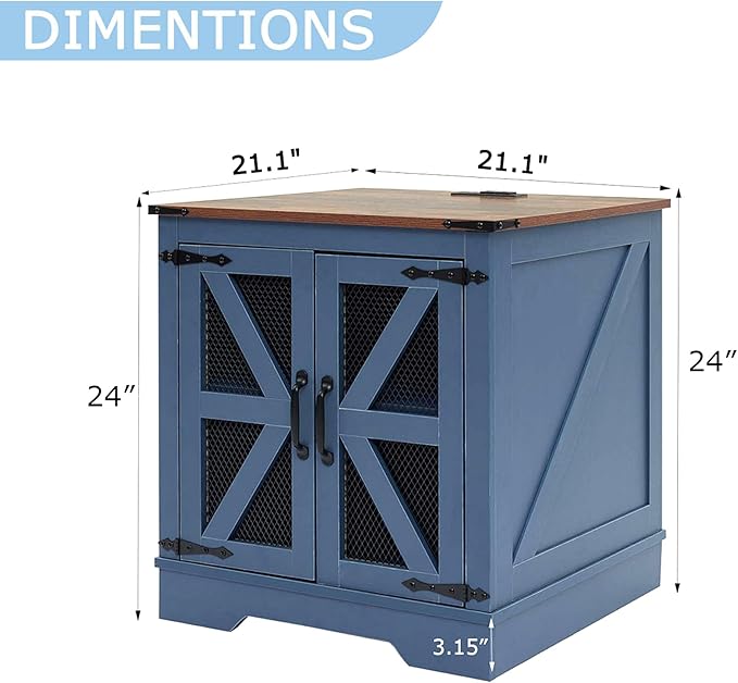 21.1" Farmhouse End Table with Charging Station and Mesh Barn Door, Rustic Wood Nightstand with Storage Shelf for Living Room & Bedroom, Navy Blue