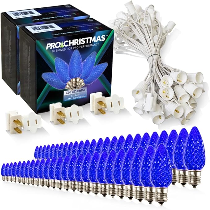 Pro Christmas C9 LED Christmas Light Kit for Rooflines & Pathways – DIY Cut to Length, Outdoor Commercial Grade (White Wire w/Vampire Plugs, 50 Bulbs, 50 ft) Blue