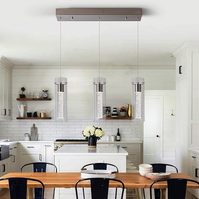 Pendant Lights Kitchen Island with Remote Control, Dimmable Brushed Nickel & Clear Cylinder, Adjustable Height Kitchen Pendant Lights, Island Lights for Kitchen, Modern Lighting Fixture