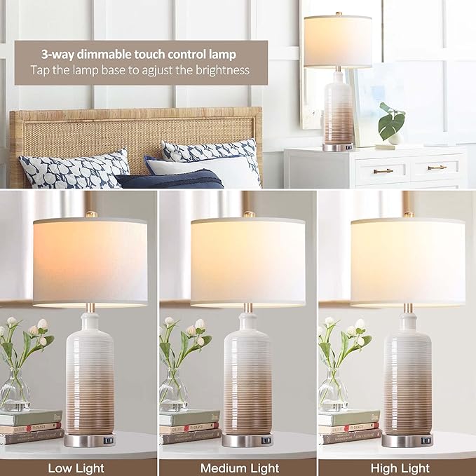 Ceramic Table Lamps Set of 2 with Dual USB Charging Ports, 3-way Dimmable Touch Control Bedside Lamps for Bedroom Living Room, Contemporary Nightstand Lamps with White Linen Drum Shade Bulbs Included