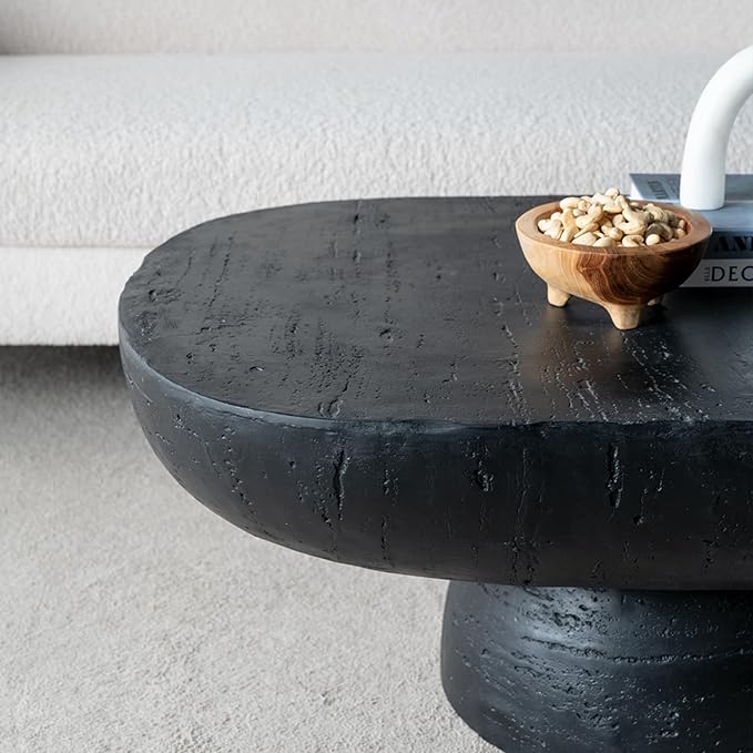 Oval Coffee Table Modern Faux Stone Circle Center Table Accent End Side Table for Living Room, Magnesium Oxide, 36" Black
