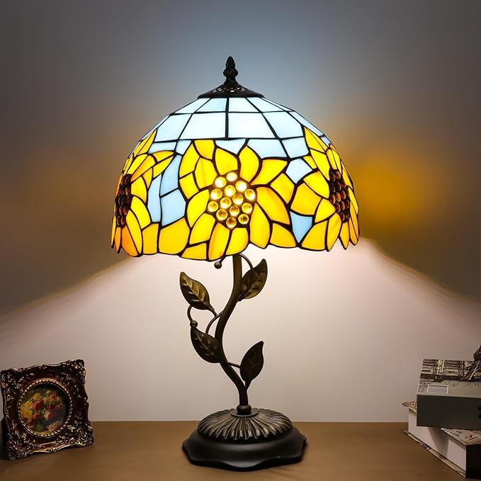 Stained Glass Table Lamp, Sunflower Style Lampshade Metal Leaf Base Desk Reading Light 12X12X19 Inches Decor for Bedroom Living Room Office