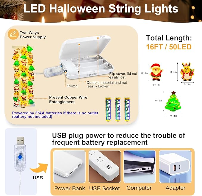 ZGWJ Christmas String Lights with Timer, Tree-Reindeer-Santa Claus 50LED 16FT Twinkle Fairy Lights 8 Modes for Bedroom,Christmas Parties Decoration (Xmas Tree-Reindeer-Santa Claus, 1PCS)