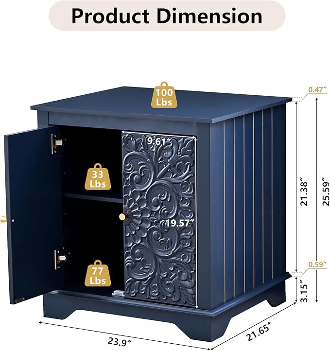 Farmhouse End Table with Carved Floral Door, 24" Wide Nightstand with Adjustable Shelf, Wooden Square Sofa Side Table Storage Table for Living Room Bedroom (Midnight Blue)