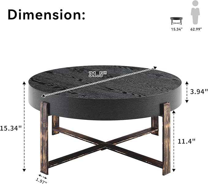 LKTART 31.5'' Round Coffee Table for Living Room, Modern Wood Handcraft Drum Coffee Table with Storage, Stainless Steel Legs Tea Tables, Apartment Small Space, Black