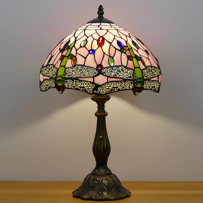Tiffany Lamp Stained Glass Table Lamp Antique Bedside Reading Light W12H19 Inches (Pink Dragonfly)
