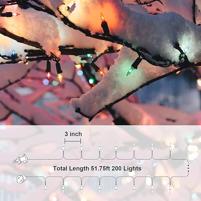 New One 6 Pack Color Changing Christmas Lights, 51.75 Feet 200 Count Vintage Multicolor Christmas Lights, Indoor Outdoor Christmas Tree Lights with 200L LED M5 Light for Patio, Party Decor, Green Wire