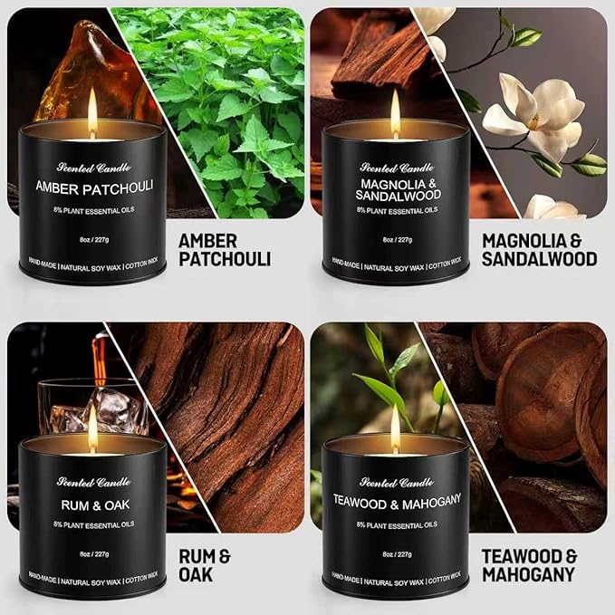 Men's Scented Candle Sets | 4 Pack Aromatherapy Candles Gift in Matte Black Tins for Christmas,Father | Soy Wax Manly Candles of Amber Patchouli,Rum&Oak,Teawood&Mahogany,Magnolia&Sandalwood