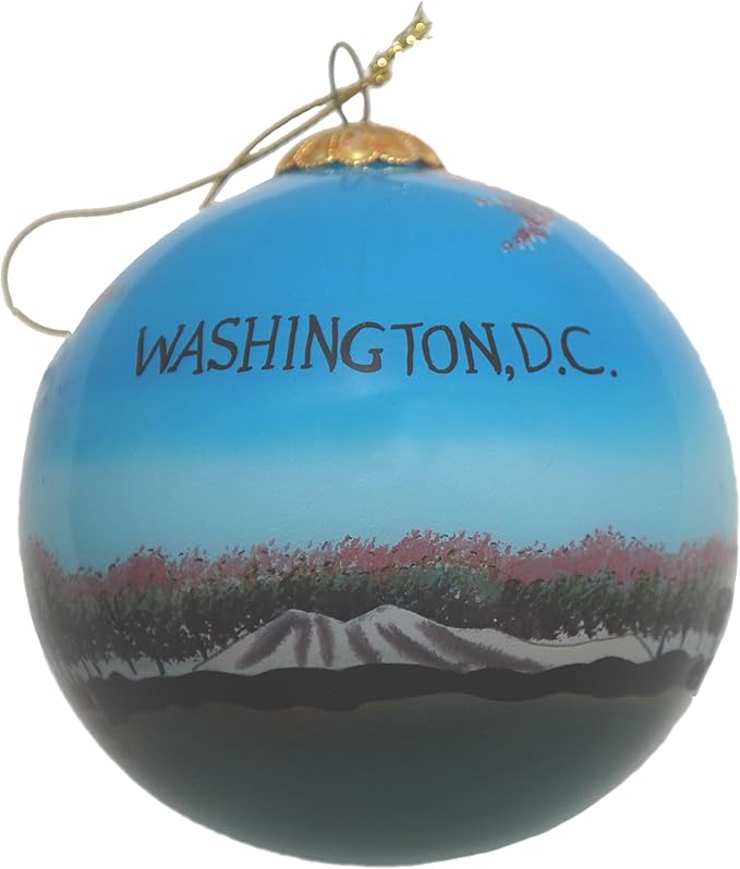 Blown Glass Christmas Ornament | Washington Monument Cherry Blossoms | Hand Painted Inside | Original Art | Includes Gift Box