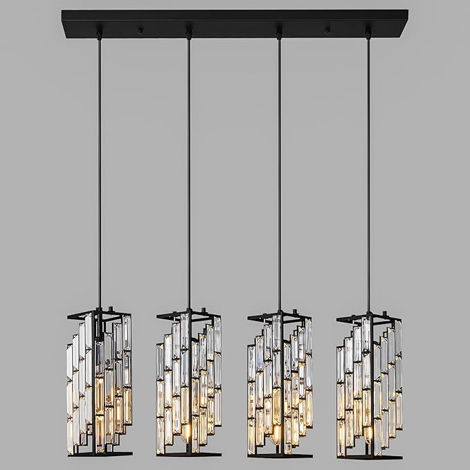 4-Light Adjustable Pendant Light, Modern Mini Crystal Chandelier with Black Metal Frame, Kitchen Island Lighting for Dining Room, Bedroom, Easy Installation