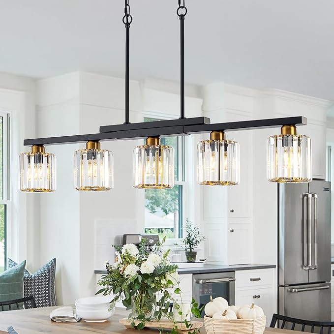 Kitchen Island Light Fixtures ，5 Lights Black and Gold Chandeliers for Dining Room Over Table, Modern Luxury Crystals Pendant Lighting Hanging