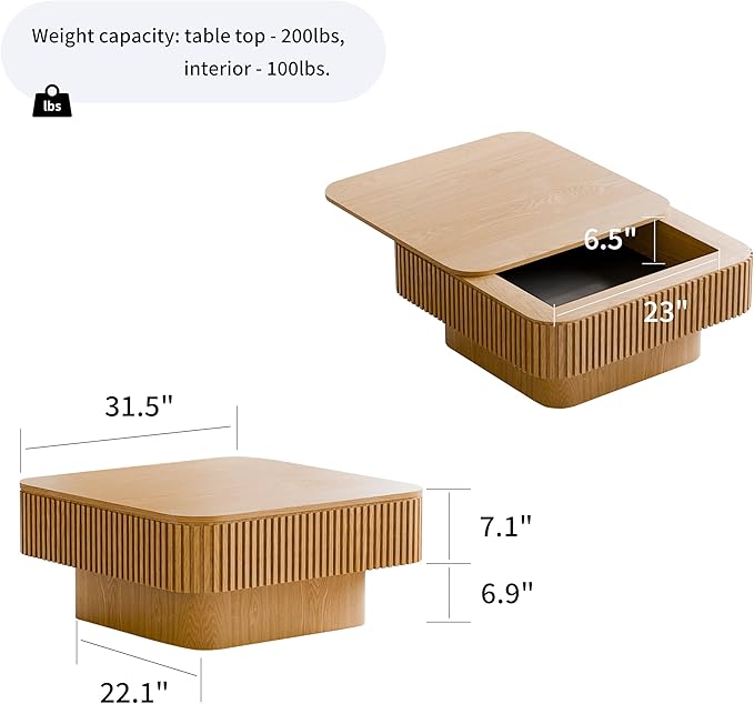31.5'' Square Coffee Table with Storage, Mid Century Modern Fluted Drum Center Tables with Lid, Solid Wood Modern Coffee Table Accent Tea Table for Living Room, Bedroom, Apartment or Office, Natural