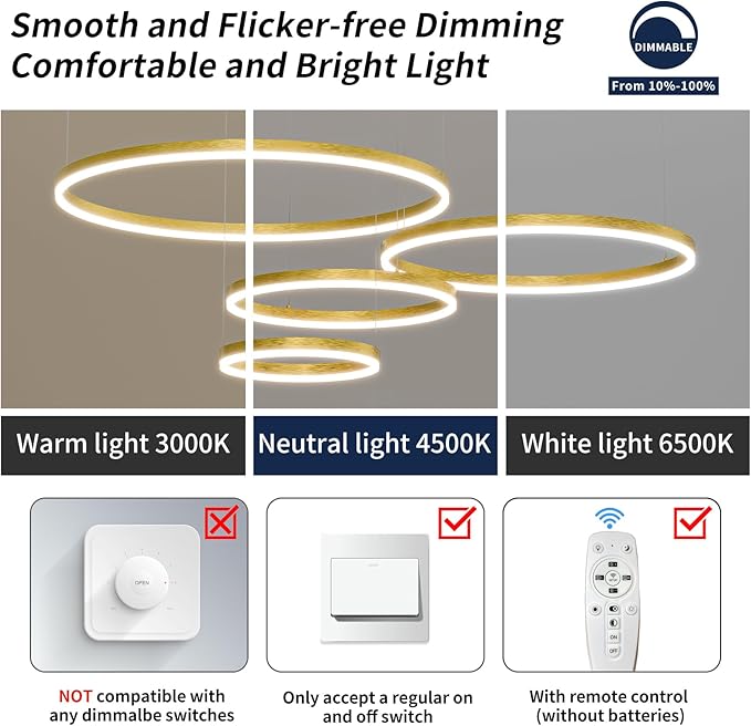 Modern LED Chandelier Light, 4 Ring Gold Pendant Lighting Fixture, Adjustable Hanging Ceiling Lamp for Dining Room, Kitchen Island, Entryway, Living Room, Dimmable Dining Light Over Table