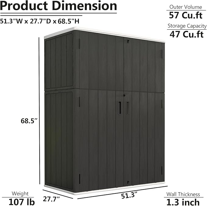 ZZM 57 Cu.ft Outdoor Storage Shed with Floor HDPE Double-Wall Resin Sheds Outdoor Storage, Lockable Weatherproof Storage Cabinet Fit for Garden Tools, Garage can, Bike, Patio Furniture, Black