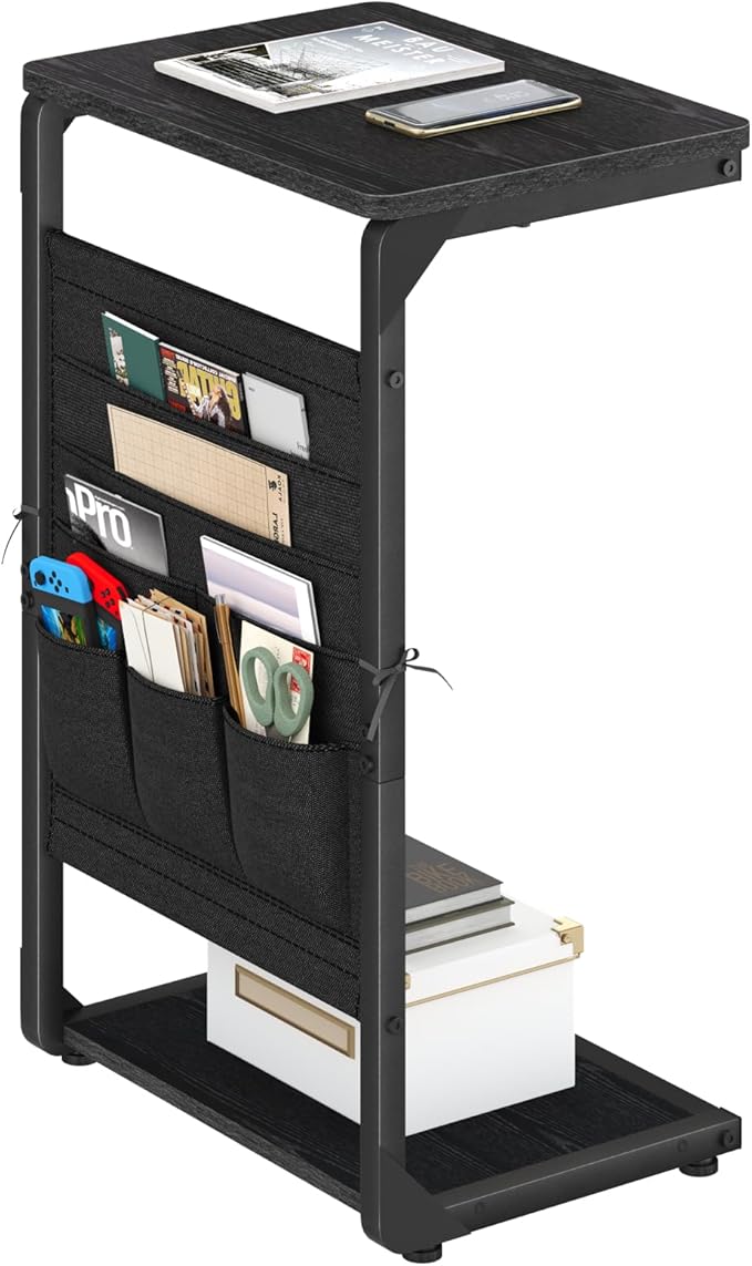 C-Shaped End Table with Storage Bag, Small Couch Side Table, Sofa TV Tray Table for Living Room, Bedroom, Bedside ET-P-BKW1