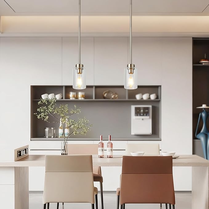 Kitchen Island Pendant Lighting Adjustable Hanging Ceiling Lamp Brushed Nickel Finish with Clear Glass Shade for Bar Dining Room Corridor Living Room Bedside 2Pack