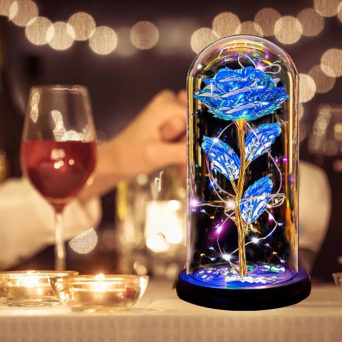 Christmas Rose Gifts for Women Mom, Womens Gifts for Christmas, Glass Flower Gifts for Sister, Rose Enchanted Crystal Flower Gift Light Up in Glass Dome,Birthday Gift for Women Wife Blue