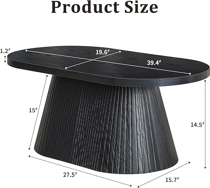 Fluted Coffee Table with Sturdy Tapered Base, Wood Oval Small Coffee Table, Mid Century Modern Center Table for Living Room Office (Black 1)