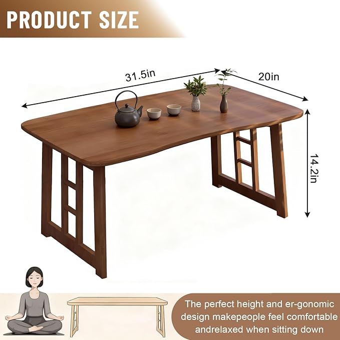 Japanese Folding Coffee Table,Bamboo Foldable Floor Low Table, Meditation Tea Table for Sitting On The Floor Suitable for Tatami Living Room Bay Window, No Assembly Required (Brown)