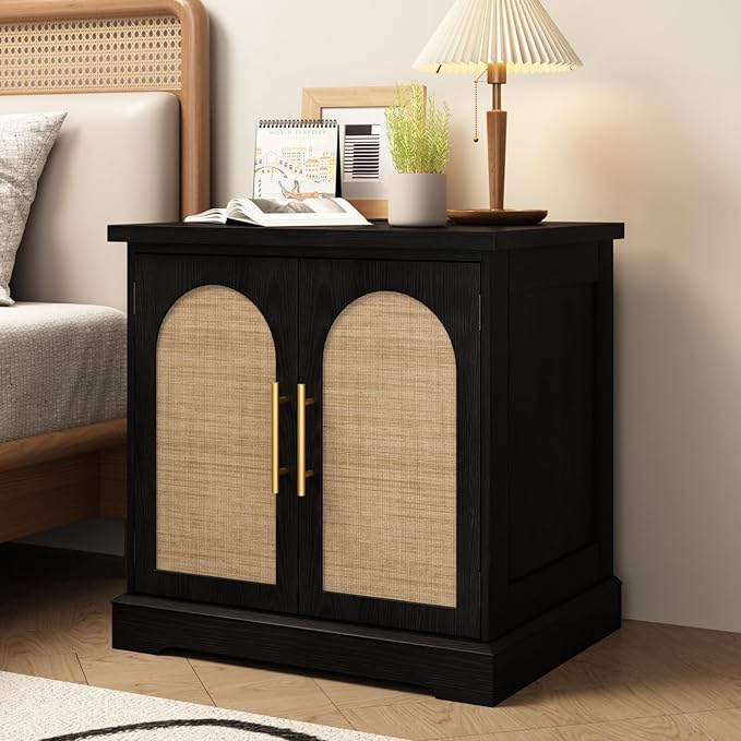 Set of 2 Rattan End Table with Charging Station, 24" Large Sofa Side Table with 2 Arched Doors, Boho Wood Square Nightstand Bedside Tables with Adjustable Storage Shelf