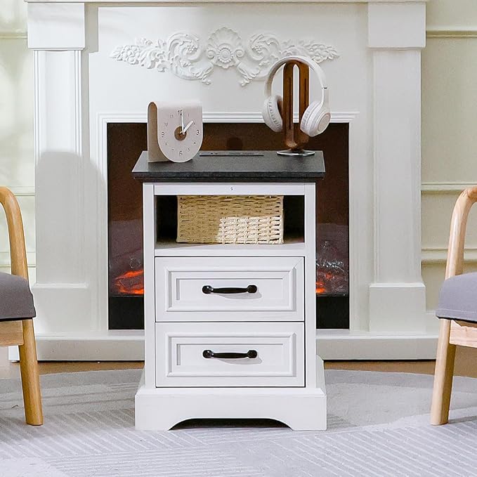 ALBAD Farmhouse Nightstand with Charging Station Rustic Bedside Table with 2 Drawers and Cubby Storage End Table with Metal Handle for Bedroom Office, Antique White