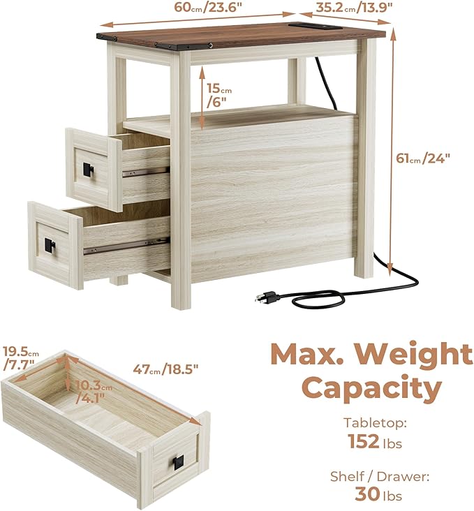 Farmhouse End Table with Charging Station and 2 Drawers, Washed Grey Wood Nightstand Narrow, Skinny Side Table Rustic, Slim Bedside Table, Open Shelf, Small for Bedroom, Living Room, Sofa