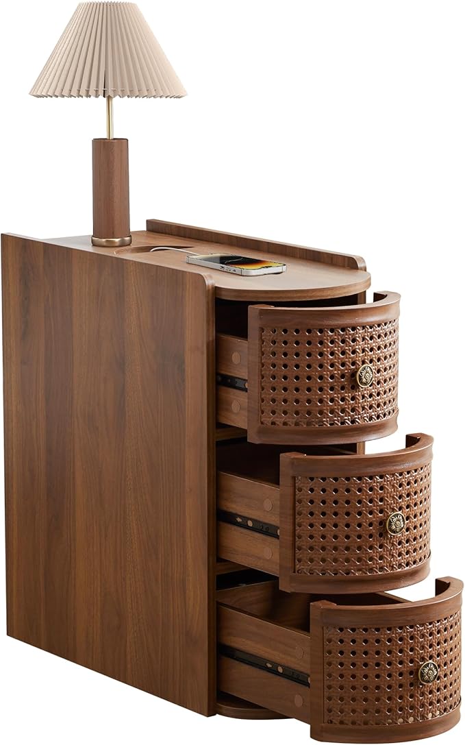 Metal Rattan Narrow End Table with Charging Station, Farmhouse Side Table with Drawers Storage, Small Night Stand with Power Outlets and USB Ports, Sofa Side Table for Living Room - Walnut
