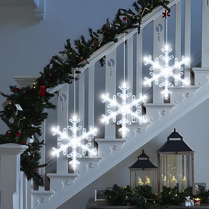 3Pack Christmas Window Lights Decorations with Timer, Battery Powered Christmas Hanging White Lighted Snowflake Shaped LED Sucker for Xmas Lamp Tree Fireplace Indoor Decor