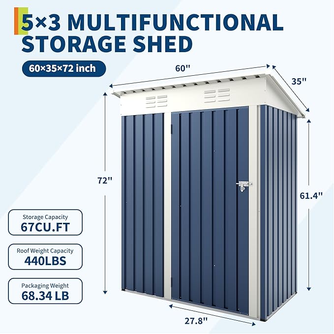 5x3FT Multi-Used Shed & Outdoor,Storage Shed with Lockable Door,Anti-Corrosion Storage House with Sloping Roof for Backyard Outdoor Patio(Navy Blue)