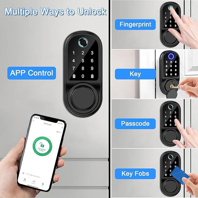 Smart Fingerprint Door Lock, Keyless Entry Door Lock with App Control, Digital Electronic Touchscreen Keypad Deadbolt, Biometric Smart Locks for Front Door