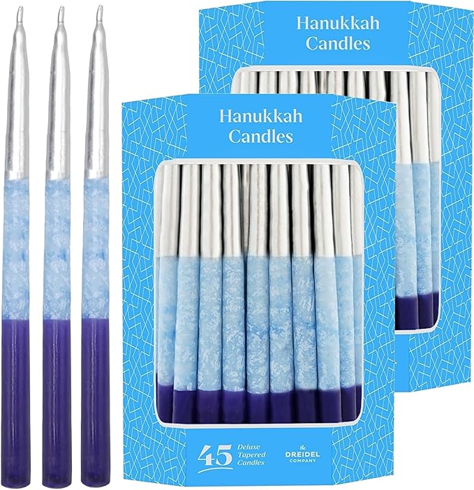 The Dreidel Company Dripless Blue, Purple Metallic Hanukkah Candles Premium Tapered Hand Decorated Chanuka Candles (24-Pack)