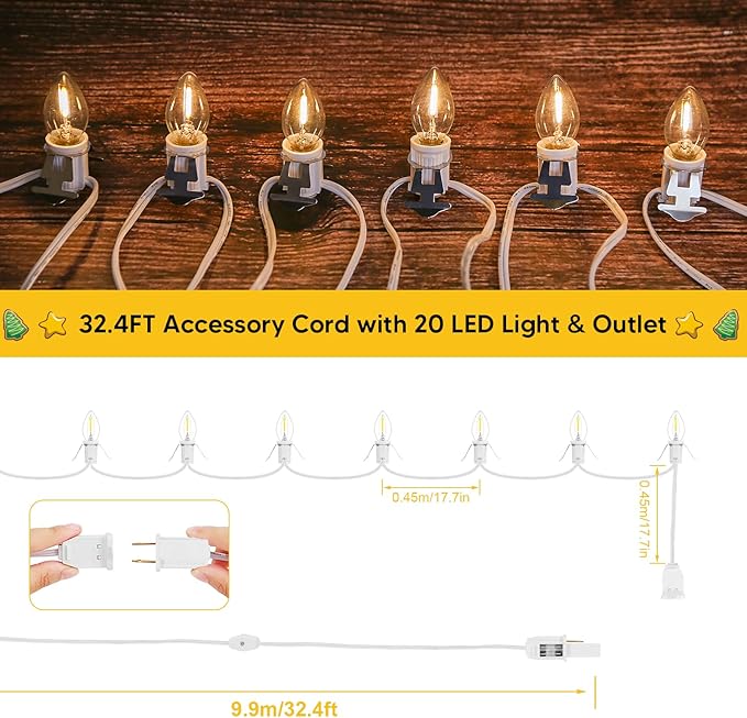1Pack Accessory Cord with 20LED Light Bulbs and Outlet, Christmas Village Light 32.4FT String lights Cord 2Fuse C7/E12 Base Christmas Village Accessories for Halloween Christmas Village Houses