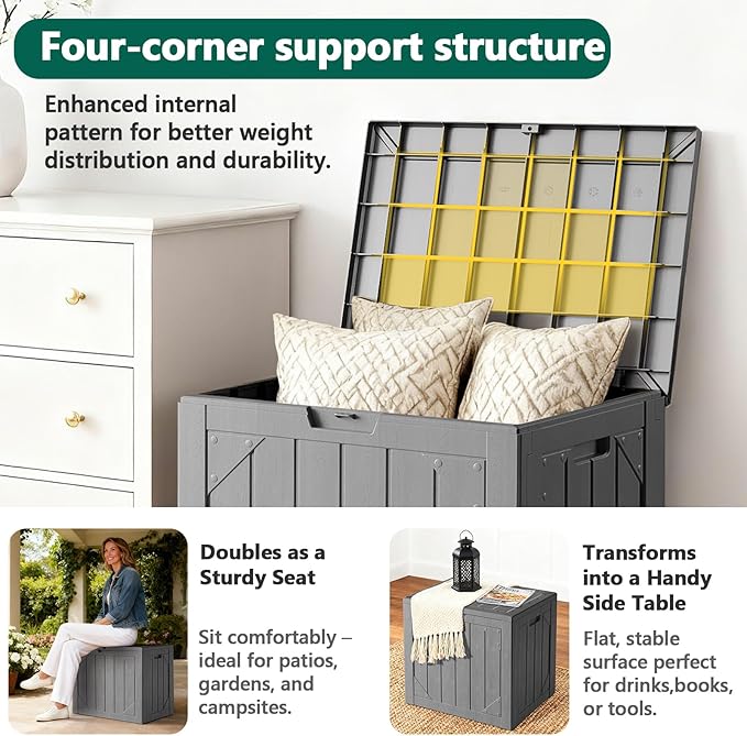 Outdoor Storage Box, 30 Gallon Deck Box Outdoor Storage Bench Outside Waterproof Resin Storage Bench, Lockable Patio Cushions, Garden Tools Storage For Furniture, UV Resistant (Gray)