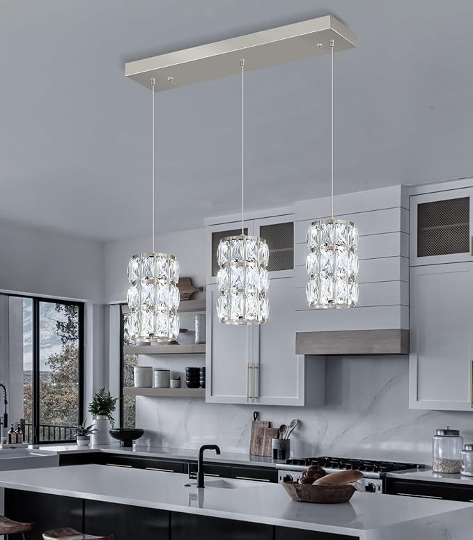 3-Lights Rectangle Modern Crystal Pendant Lights for Kitchen Island LED Dimmable Glam Pendant Lighting Chandelier for Dining Room Hallway Corner Lamp Nickel