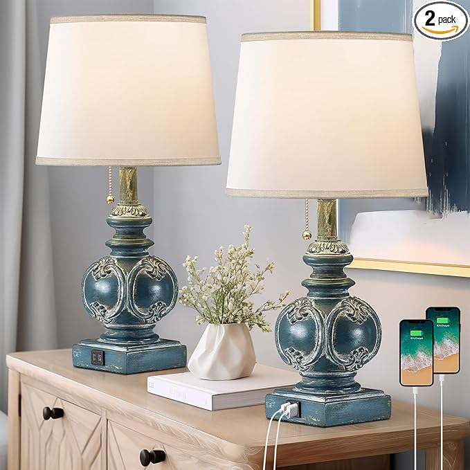 20.75" Farmhouse Table Lamps for Bedroom Set of 2, Rustic Bedside Lamps with 2 USB Port, Retro side table lamp Antique Nightstand Lamp for Living Room End Table Office Country, Traditional Washed Blue