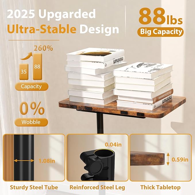 TV Tray Table, Adjustable C Shaped End Table for Couch, 360°Swivel Couch Side Tables That Slide Under Couch Desk Tray Tables for Small Space Sofa Bed Living Room Bedroom Bedroom(Rustic)