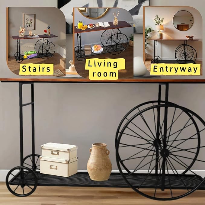 Topower Industrial Style Double Layer Iron Cart Wooden Desktop Center Table, Farmhouse Coffee Table with Wheels for Living Room, Entryway, Coffee Shop, Black