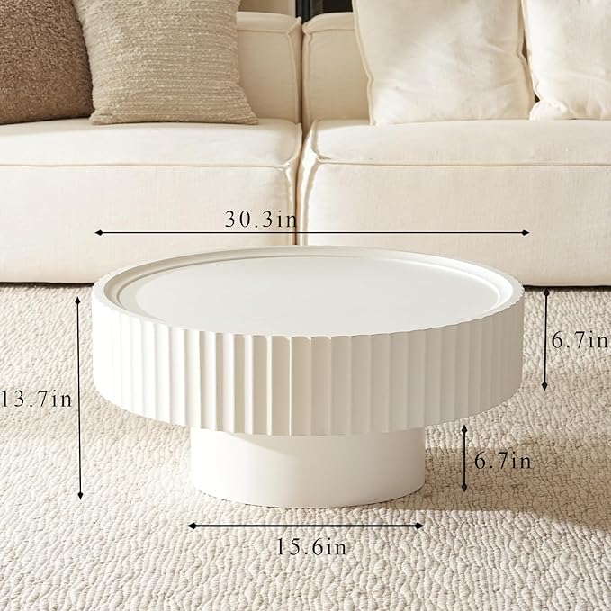 Round Coffee Table with Storage, 30.3” Fluted Drum Modern Living Room Table, Circle Wood White Center Tables, Mushroom Shape Coffee Tables for Living Room, Apartment(30.3''L×13.7''H)