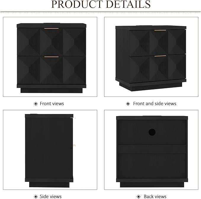 Brafab Black Nightstand Set of 2 with 20W Fast Charging Station, 23.6'' Bedside Table with Geometric Drawers Storage & Gold Handle, Large Modren Wooden Night Stand for Bedroom, End Table for Sofa Side