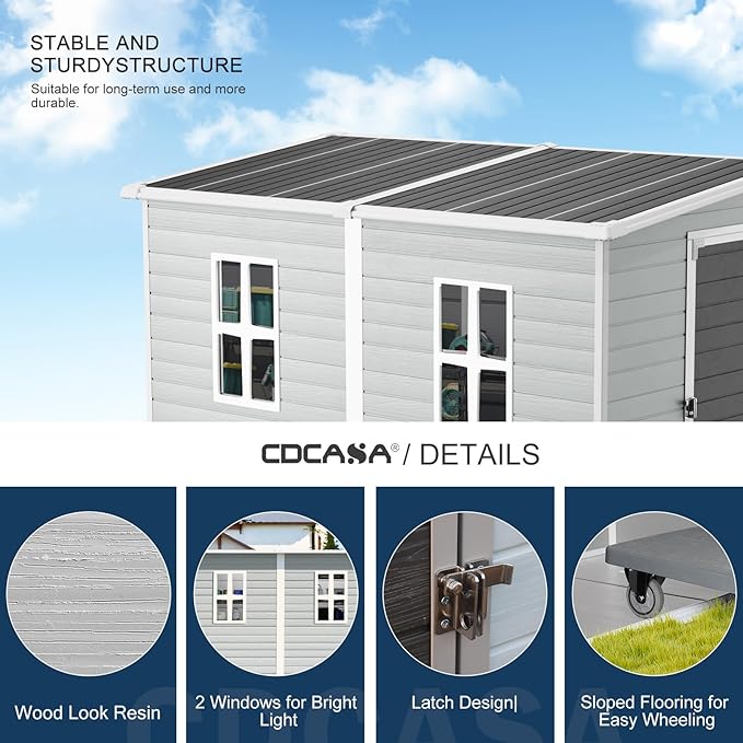 CDCASA 4x8 FT Resin Lean to Shed, Waterproof Outdoor Storage Sheds with Floor & Lockable Door & Window, Sloped Roof Outside Plastic Tool Shed for Backyard, Patio, Poolside, Lawn, Grey