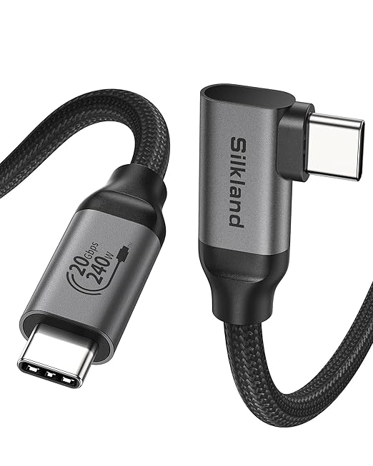 Silkland USB C Monitor Cable Right Angle 5FT, 8K@30Hz 5K/4K@60Hz Display, 20Gbps Data Transfer, 90 Degree USB C 3.2 Gen 2x2 Video Cable, 240W Charging for iPhone 17, MacBook, Portable Monitor, Carplay