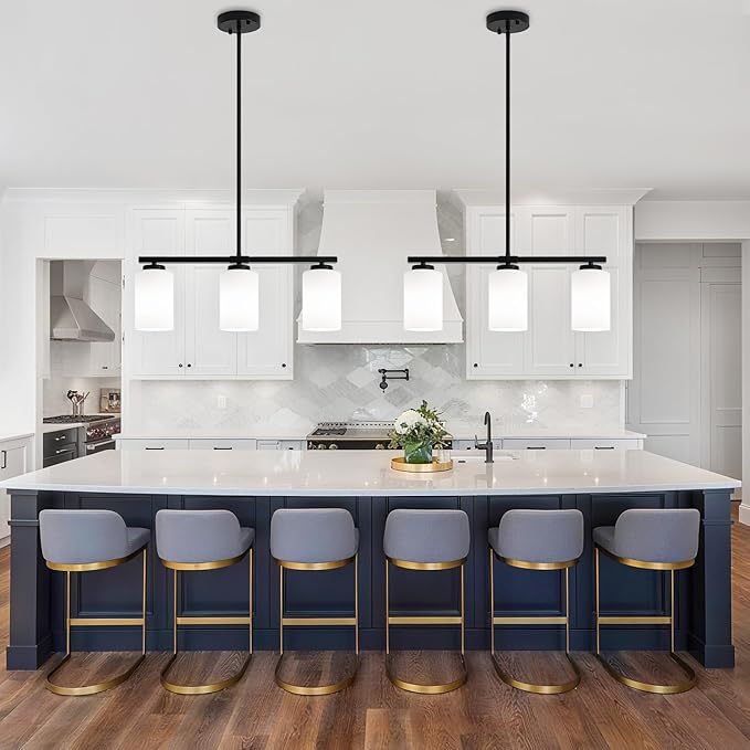 3-Light Modern Island Lights for Kitchen, Black Dining Room Light Fixtures Farmhouse Linear Chandeliers Over Table, White Frosted Glass Adjustable Hanging Light Kitchen Pendant Lighting Over Island