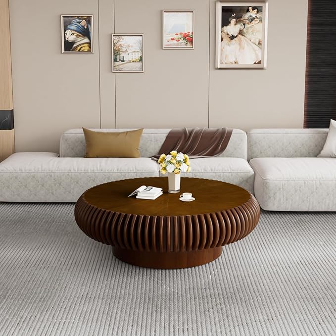 39.3" Drum Coffee Table Modern Unique Fluted Tea Table Contemporary Wood Round Coffee Table with Fluted Centry Table for Living Room Walnut (39.3" Walnut)