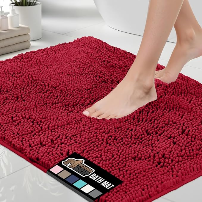 GORILLA GRIP Bath Rug Mat 30x20, Thick Soft Absorbent Chenille, Quick Dry Microfiber Mats, Rubber Backing Washable Shower Floor Rugs, US Designed Bathroom Bathmat Home Decor Accessories, Red
