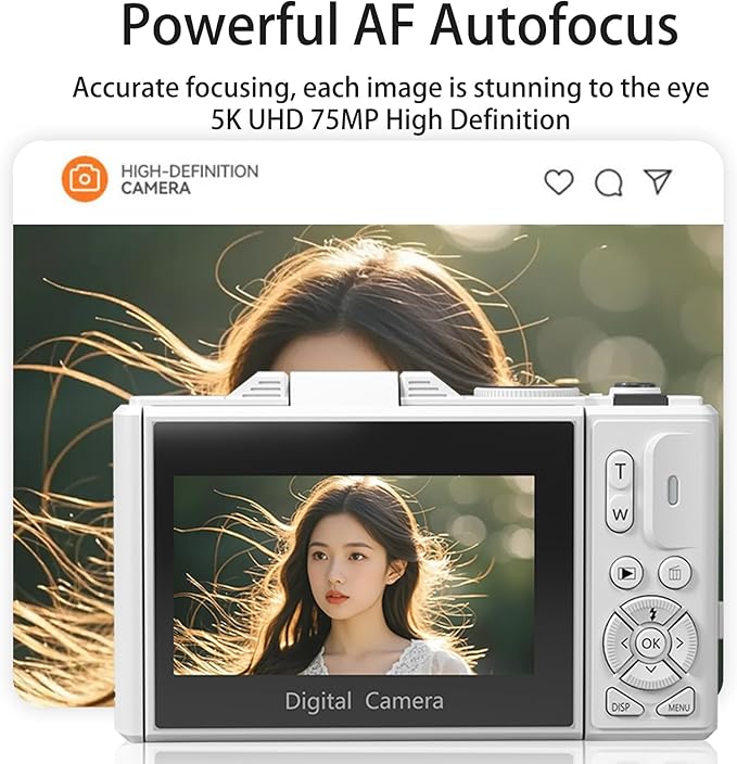 5K 75MP Digital Camera 18X Digital Zoom, Upgraded Vlogging Cameras with WiFi & Mic, Wide Angle & Macro Lens, 3" 180°Flip Screen Webcam Travel Cameras for Teens, Beginner with 64GB Card, HDMI