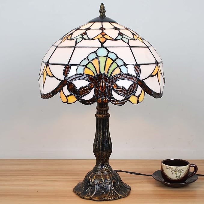 Bieye L10641 Baroque Tiffany Style Stained Glass Table Lamp Night Light with 12 inches Wide Lampshade Metal Base for Bedside Living Room Bedroom, Brown, 18-inch Tall