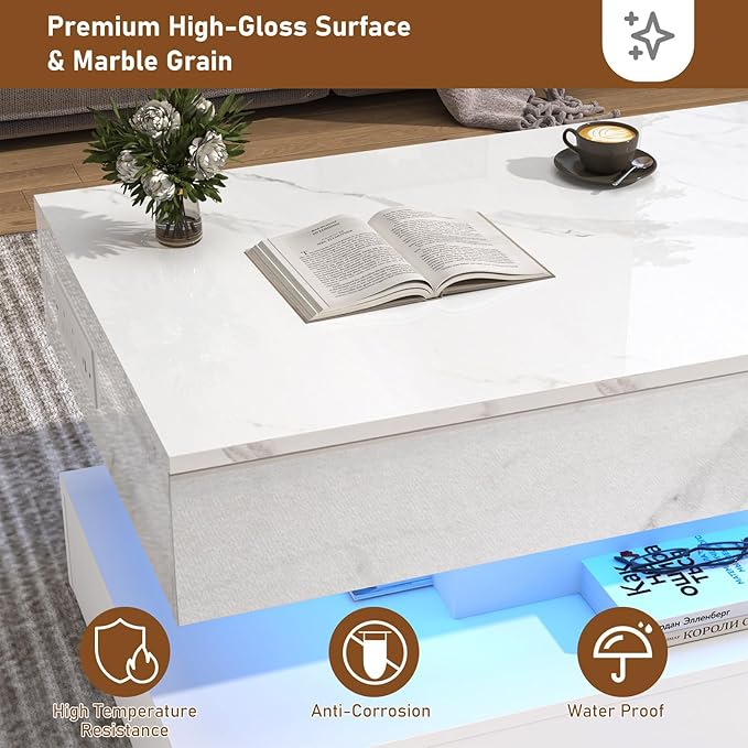 39.4" Large Lift Top Coffee Table with Charging Station, LED Modern High Glossy Center Table with Hidden Compartment Storage, White Lift Living Room Tables with Marbling Print, White