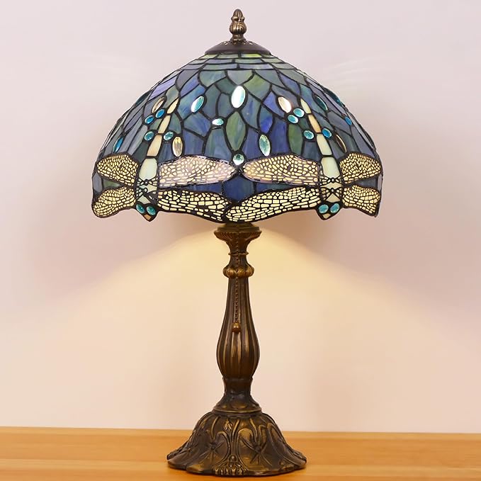 Tiffany Lamp Stained Glass Table Lamp Antique Bedside Reading Light W12H19 Inches (Sea Blue Dragonfly)