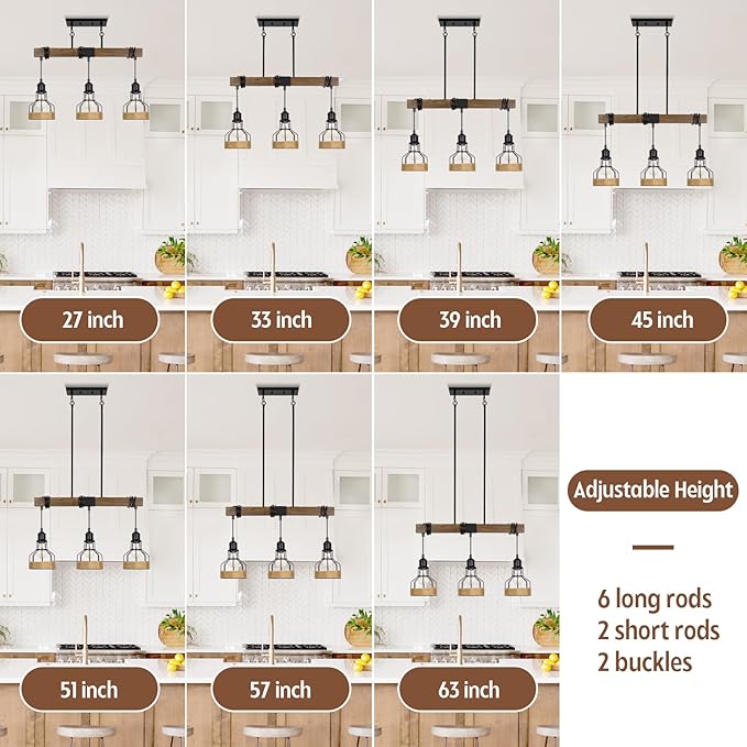 3-Light Dining Room Light Fixture Over Table Chandelier Rustic, Solid Wood Kitchen Island Lighting Fixture Ceiling Linear Dining Ceiling Mount Lamp Modern Metal Lampshade Dining Pendant Light
