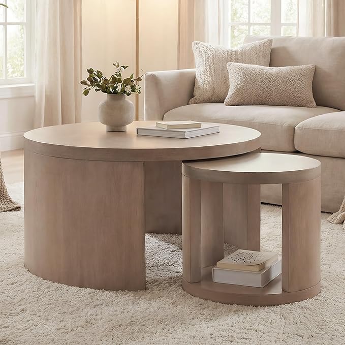 Round Coffee Table Set of 2, Nesting Coffee Tables with Storage,Living Room Table Set,Modern Wood Center Table for Living Room,Apartment,31.5" & 18" Coffee Table Set,Gray